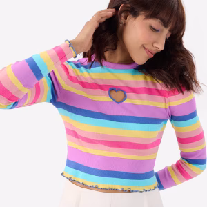 Rainbow Cut-Out Ribbed Top Women Full Sleeves Tops